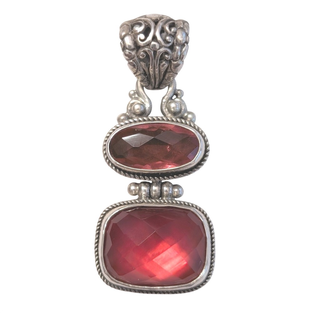 Sarda 925 Sterling Silver Oval Cushion Red Gemstone‎ Two Tier Filigree Pendant